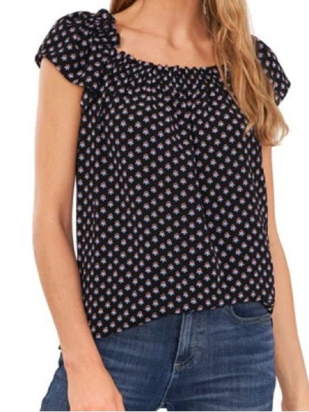 CeCe Women’s Black Floral Black Ruffled Squared Neck Line Top Size XL